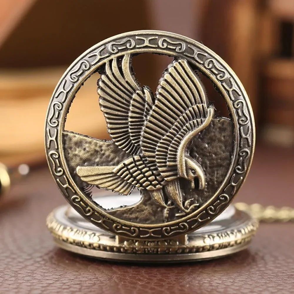 ANTIQUE BRONZE EAGLE LOCKET NECKLACE/POCKET QUARTZ WATCH